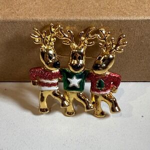 Vintage Three Reindeer Christmas Holiday Pin Brooch Gold Tone Enamel Festive
